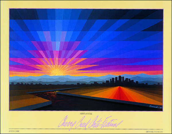 Colorful painting of rainbow sky over Denver